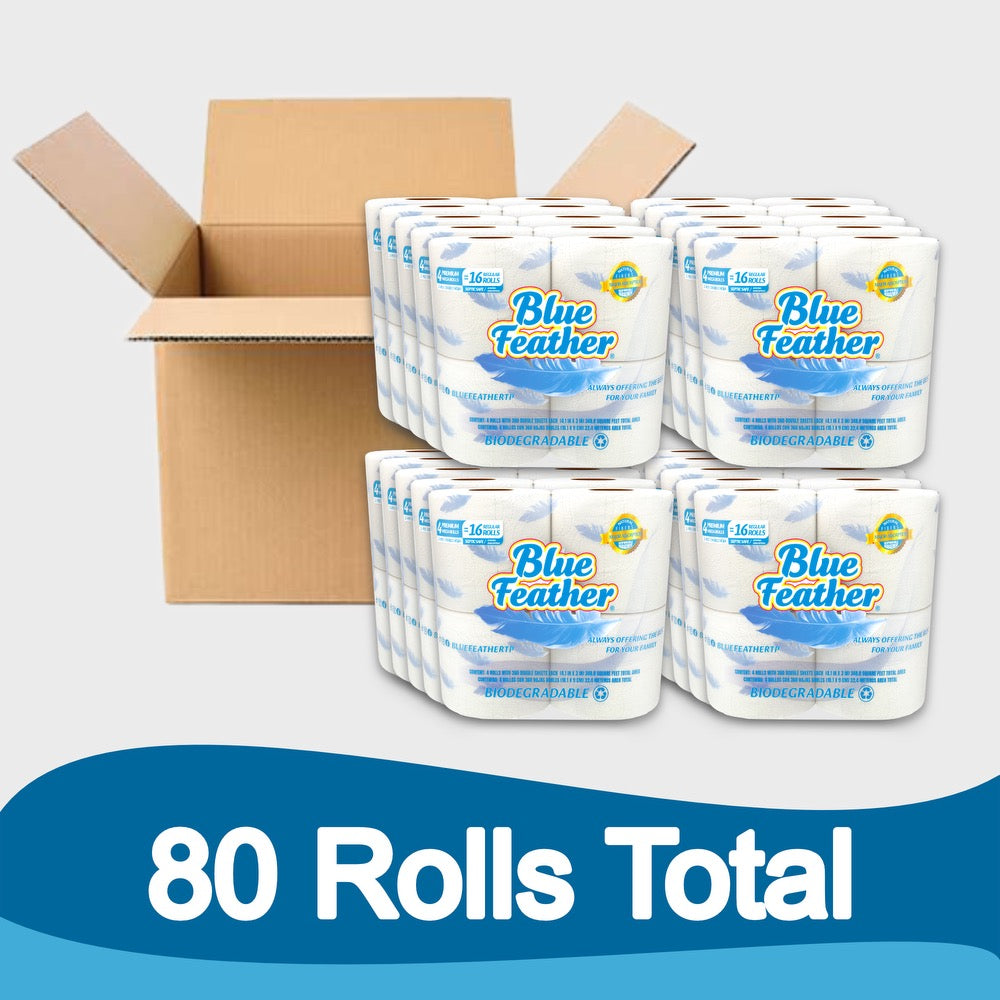 Blue Feather Hygienic Toilet Paper/ 80 Rolls, 360 Sheet's Per Roll, 2ply